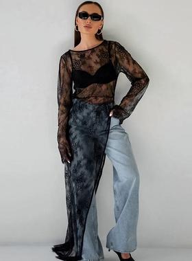 Lace Dress欧美女士连衣裙黑色蕾丝透视性感透视装圆领长袖不对称