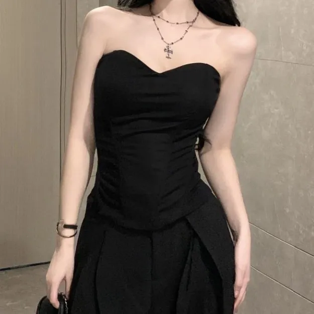 冷淡风高级感套装黑色抹胸背心上衣女装夏季高腰西装裤子两件套