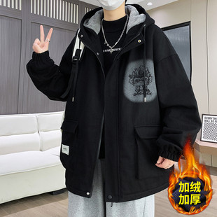 青少年秋冬款牛仔外套男孩初中高中学生加绒加厚夹克大童冬装棉服