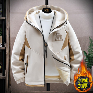 青少年加绒加厚外套男款棉衣初中高中学生夹克棉服帅气大童秋冬装