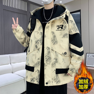 秋冬款外套男孩初中高中学生帅气加绒加厚夹克棉服青少年大童冬装