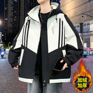 秋冬款冲锋衣外套男孩初中高中学生加绒厚夹克青少年大童冬装棉服