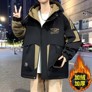 秋冬季新款加绒加厚外套男孩初中高中学生夹克棉服青少年大童冬装