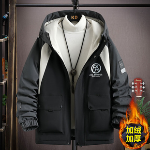 秋冬季加绒加厚外套男款初中高中学生保暖夹克棉服青少年帅气冬装