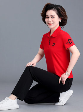 品牌折扣中年妈妈夏装运动服套装女士中老年洋气短袖t恤lopo衫两