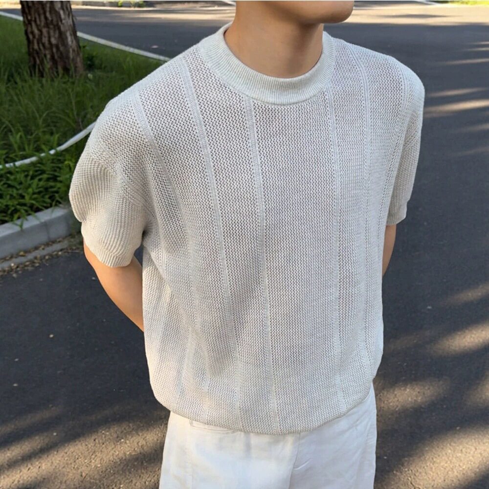 纯色薄款冰丝透气圆领针织短袖男款夏季潮流休闲百搭条纹t恤上衣图片
