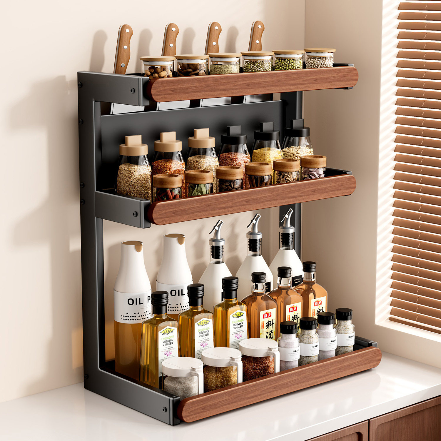 厨房调料品置物架中古风实木多功能台面调料罐调味料瓶刀架收纳架,厨房/烹饪用具,调料置物架,淘宝优惠券,粉丝福利购,淘宝优惠卷