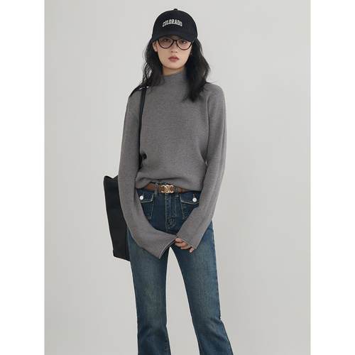 半高领毛衣女秋冬宽松内搭厚实保暖灰色针织衫纯色中领毛衣打底衫