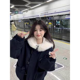 藏青色连帽毛领棉服女秋冬季 加厚超好看学院风设计感小众棉袄外套