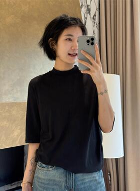 周浪清黑色圆领正肩五分袖女t恤2025新款秋装显瘦内搭打底衫上衣