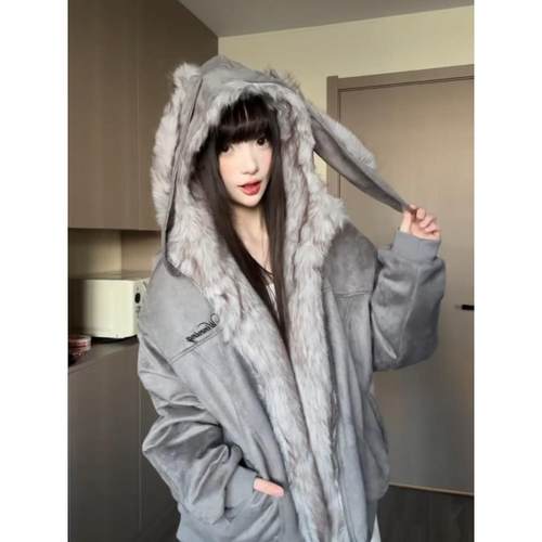 韩系连帽可拆卸兔耳朵座山雕棉服男冬季加厚情侣外套刺绣宽松女