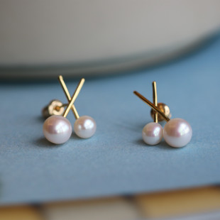 【小器饰品】14k镀金天然淡水馒头珍珠 对称交叉珍珠耳钉百搭甜美