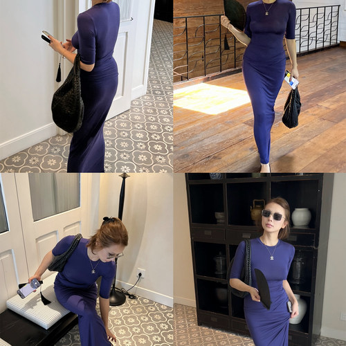 SECRET DINDI 蓝调时刻 好版型中袖蓝紫色套装女修身显瘦两件套