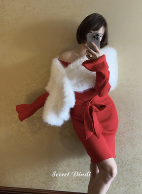 SECRET DINDI节日快乐嫩红色一字肩蝴蝶结连衣裙修身显身材裙子女