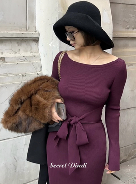 SECRET DINDI葡萄酱一字肩复古针织绑带连衣裙收腰显身材长裙子女