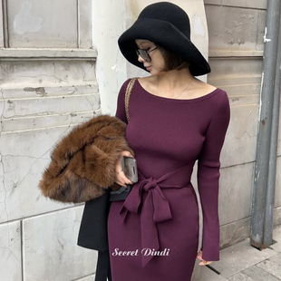 SECRET DINDI葡萄酱一字肩复古针织绑带连衣裙收腰显身材长裙子女