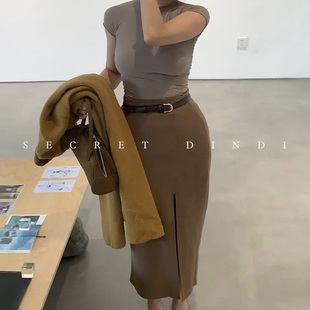 高开叉半身裙女秋季 气质女 复古高腰显瘦弹力中长裙 DINDI SECRET