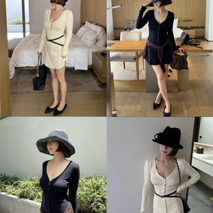 SECRET DINDI秩序美感v领针织连衣短裙收腰修身长袖休闲风连衣裙