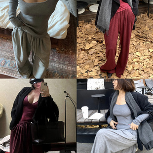 女 设计松紧腰绒感质感毛巾宽松抽绳垂感休闲裤 DINDI 2023秋冬新款