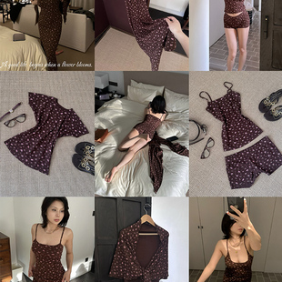 吊带连衣裙套装 SECRET 咖色碎花 少女心事 女夏复古五件套 DINDI