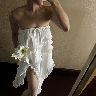 DINDI 慵懒假日不规则木耳边多穿开衩飘逸蝴蝶结半裙抹胸上衣 夏季