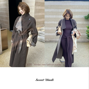 SECRET 大衣宽松通勤外套女 DINDI燕麦拿铁大翻领拼色双面羊绒长款