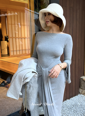 SECRET DINDI漫步灰色控一字肩飘带多穿绑带连衣裙气质修身裙子女