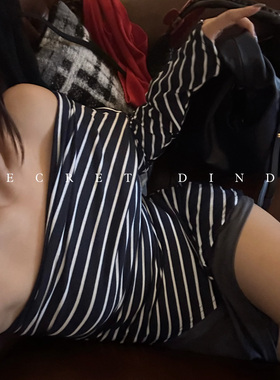 SECRET DINDI 条纹元素 条纹斜一字单肩t恤女夏季不规则修身上衣