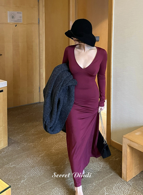 2023072804.东方韵味 深红色后绑带连衣裙