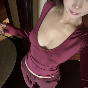 DINDI春夏原创恶女腰精绑带性感深v显腰细显白长袖 红色打底上衣女