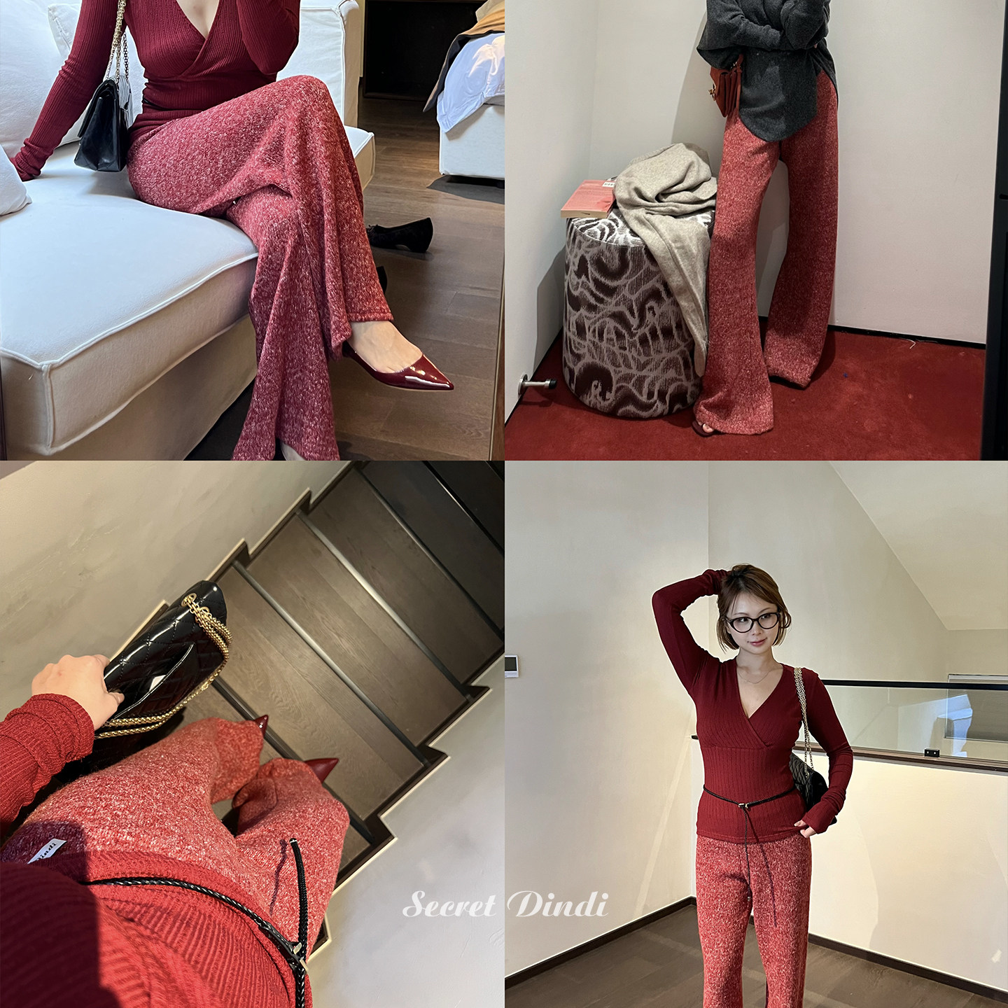 SECRET DINDI粗花织红色弹力腰毛线针织长裤休闲风宽松喇叭裤子女