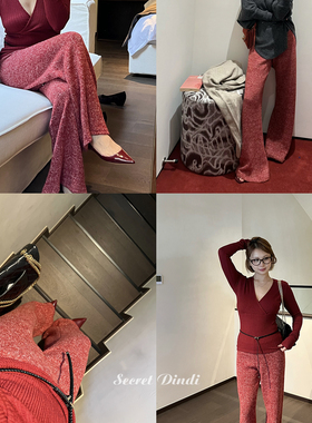 SECRET DINDI粗花织红色弹力腰毛线针织长裤休闲风宽松喇叭裤子女