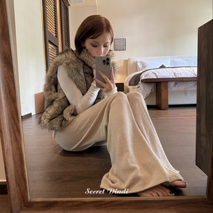 SECRET DINDI暮色朦胧仿皮草马夹纯色立领通勤休闲风无袖上衣外套