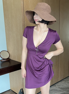 SECRET DINDI普罗旺斯 丝滑紫色连衣裙女夏复古深v领高腰显瘦短裙