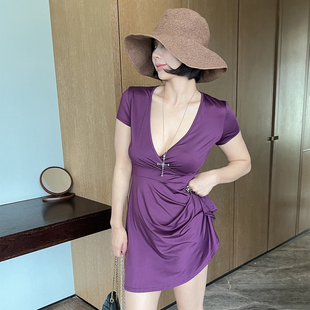 SECRET 丝滑紫色连衣裙女夏复古深v领高腰显瘦短裙 DINDI普罗旺斯