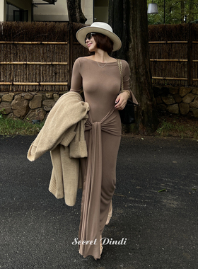 SECRET DINDI大地系喇叭袖显瘦多穿法连衣裙休闲风修身通勤裙子女