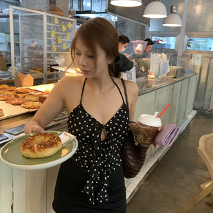 DINDI 复古蒸汽波点挂脖不规则雪纺木耳边v领挂脖吊带背心上衣