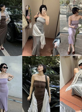 SECRET DINDI 复古轮回 质感丝绒抹胸连衣裙女夏高腰显瘦长款裙子