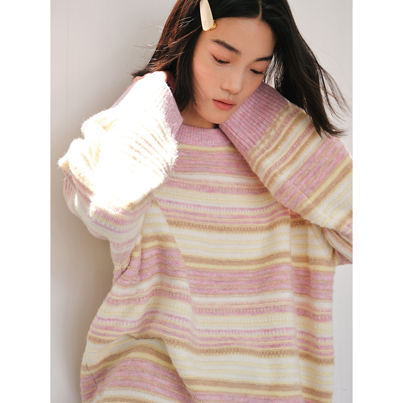 【昕怡粉丝专享】琉璃秋温柔圆领宽松撞色毛衣8C22311AYP