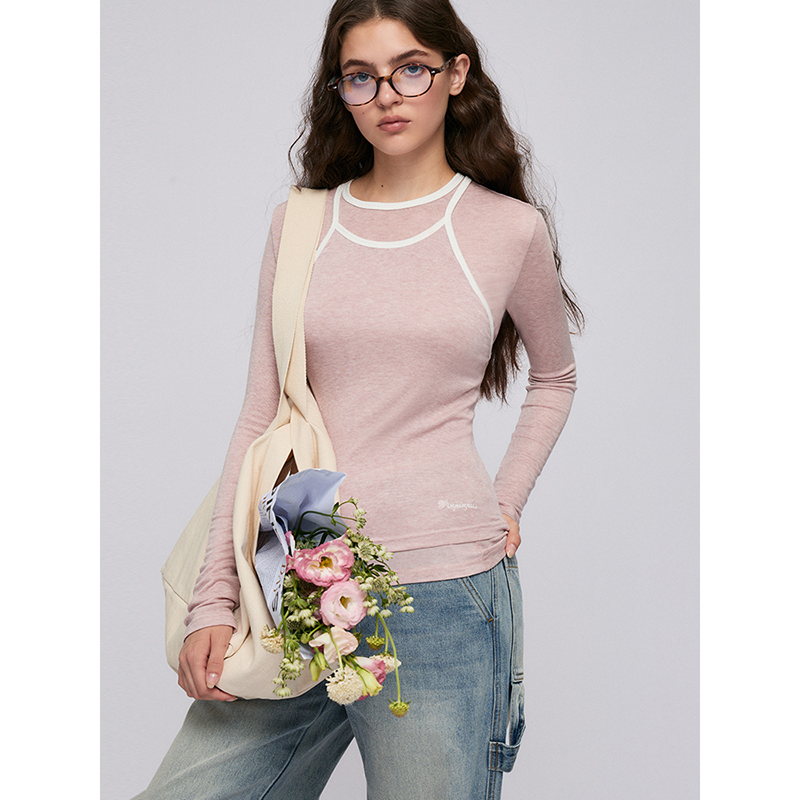 【昕怡粉丝专享】天丝绵羊毛撞边背心长袖T恤两件套8C70582KP