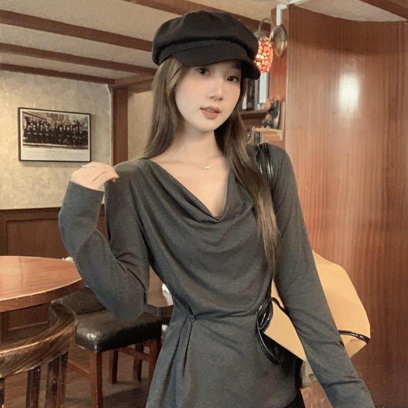 灰色慵懒风褶皱露肩一字领宽松纯色长袖T恤新款韩版秋日女装上衣