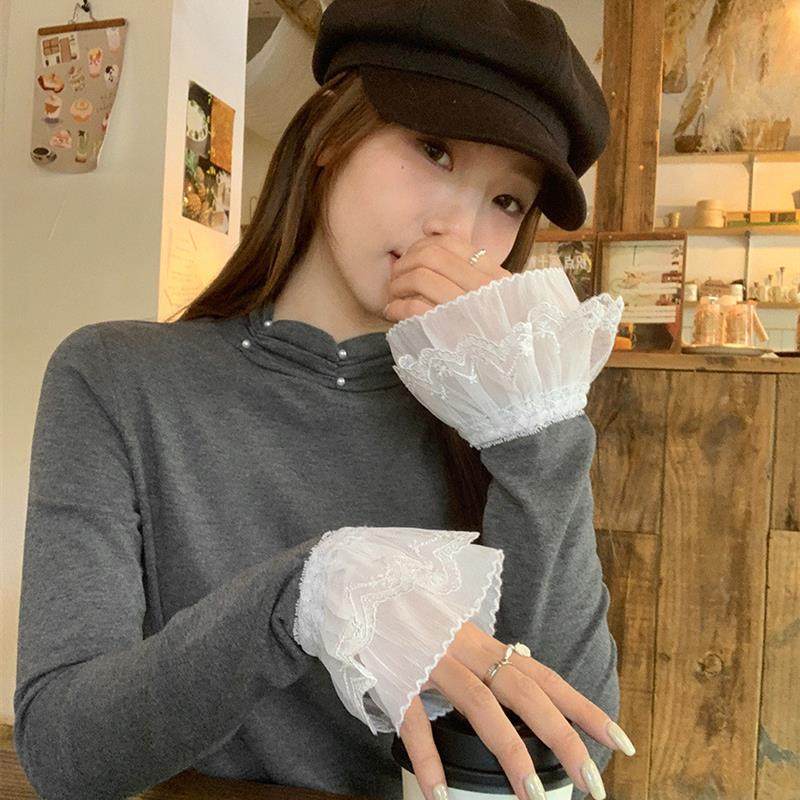 半高领喇叭袖蕾丝拼接袖口花边T恤女长袖秋冬气质修身打底衫上衣