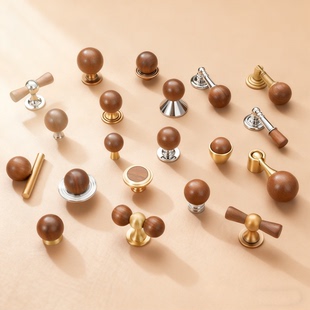 新中式胡桃木黄铜拉手亮银单孔柜门把手抽屉中古风圆球复古小拉手