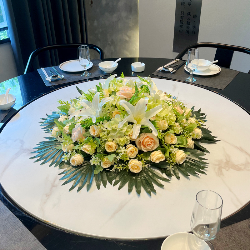 酒店圆桌中间摆花仿真花装饰花假花绢花饭店餐桌转盘桌面摆设花艺