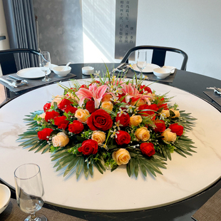大圆桌转盘中间摆花酒店饭店餐桌花假花仿真花桌面摆件桌花装饰花