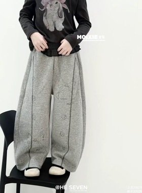 波拉BORA韩国童装末写灰色小兔上衣搭配蝴蝶结直筒休闲裤套装亲子