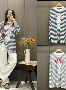 CAYLA 25春夏 可爱兔子卡通印花凉感天丝条纹长袖T恤宽松上衣