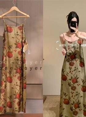 Uma Wang 现货 25早秋 复古做旧石榴印花吊带长款连衣裙UP5011