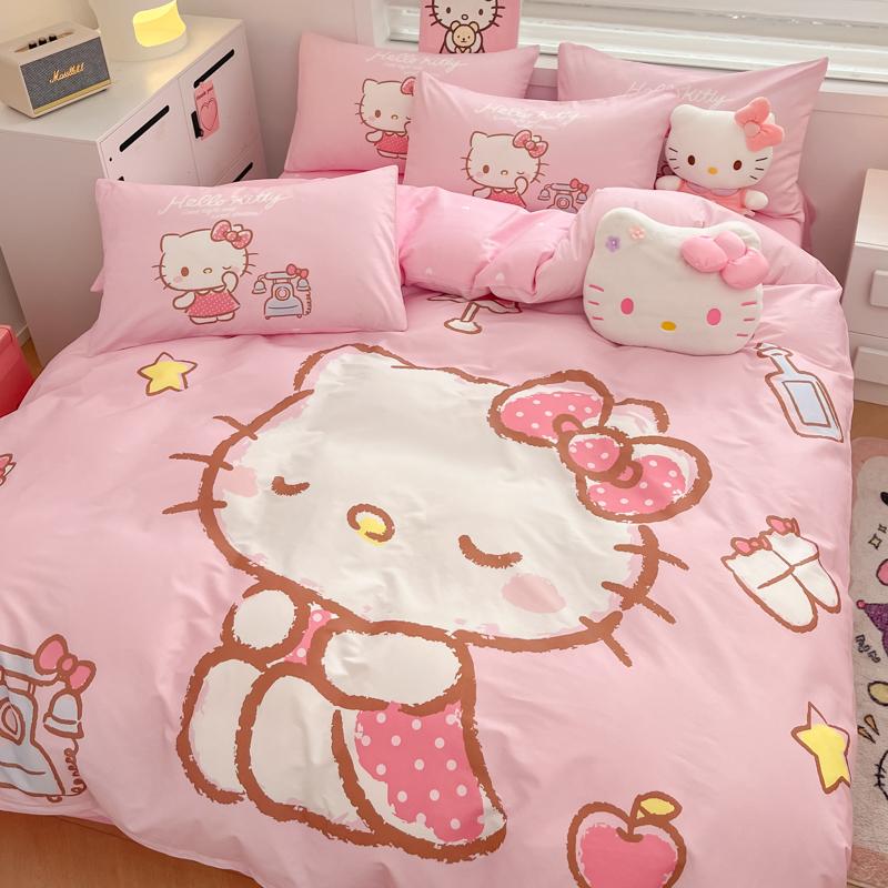 hellokitty纯棉床上四件套儿童女孩100全棉卡通被套床单笠三件套4