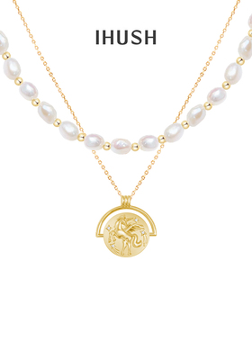 ihush/俏物悄语古币独角兽珍珠双层锁骨链女叠戴项链